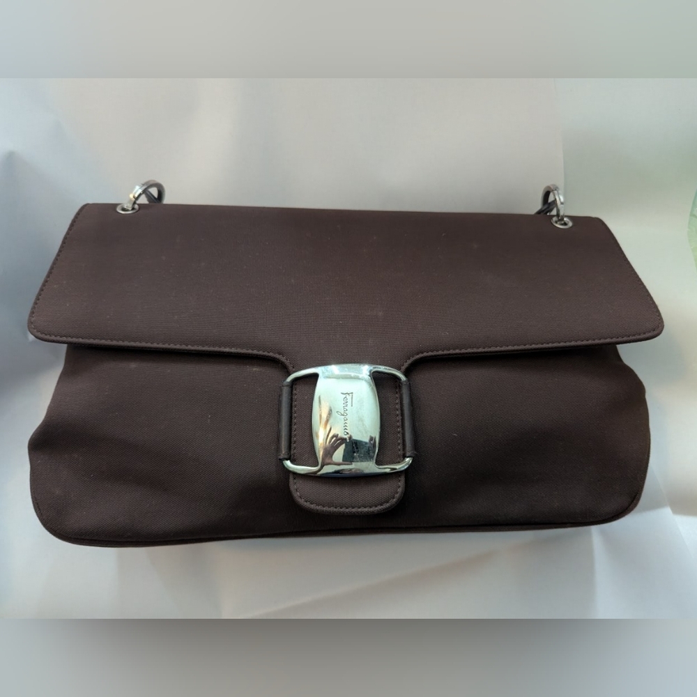 Ferragamo Brown Shoulder Bag with Silver Buckle